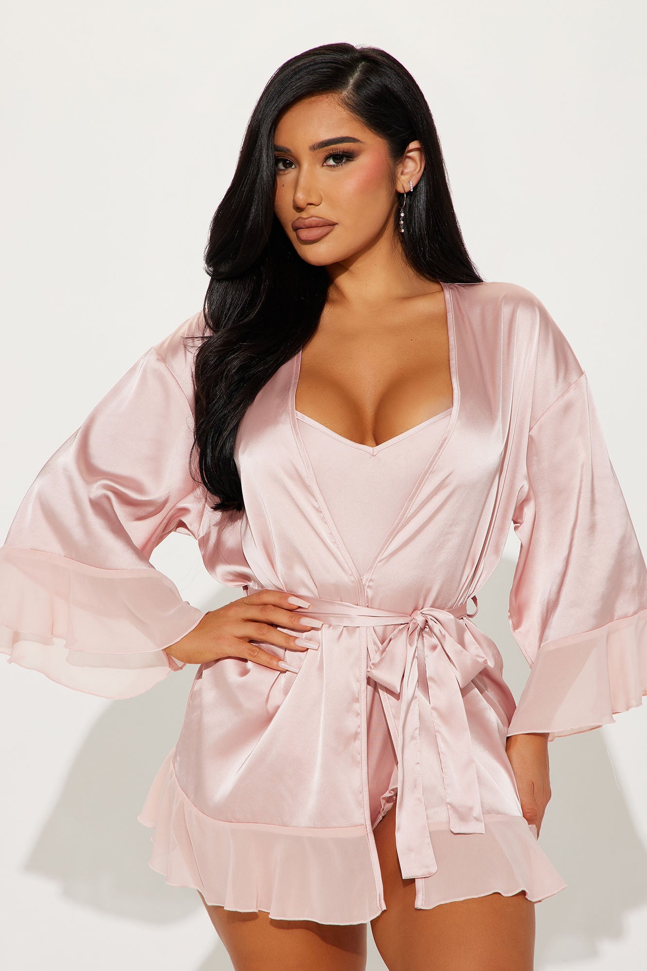 Completo Satin Teddy e Vestaglia - Rosa