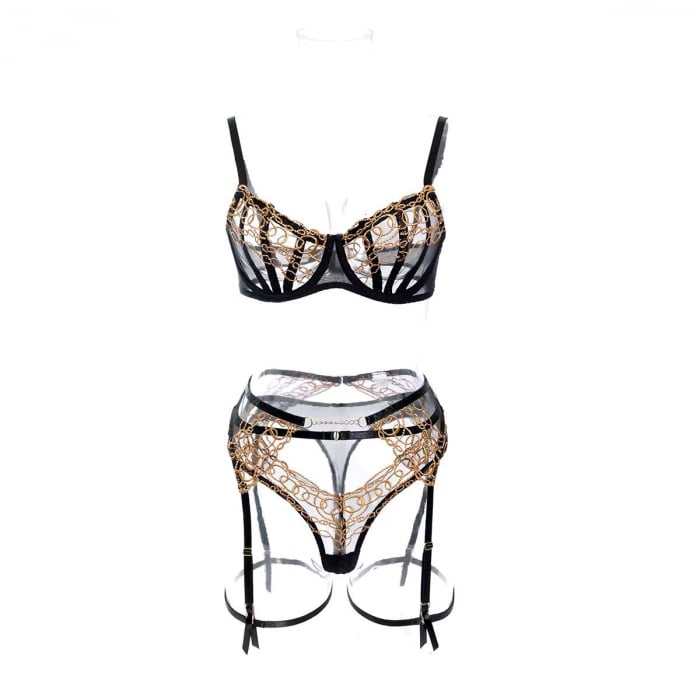 Set Intimo di Lusso a 3 Pezzi con Inserti Dorati