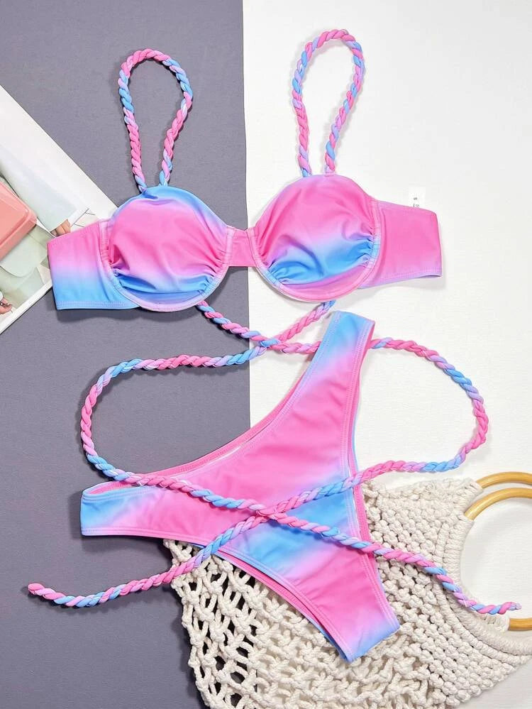 Costume da Bagno in 2 Pezzi con Stampa e Laccetti