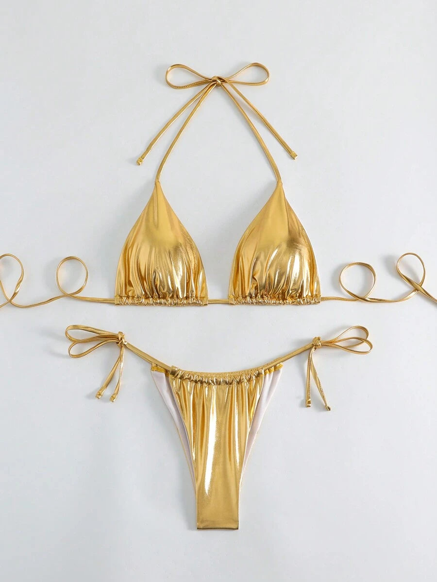 Costume da Bagno a Due Pezzi Oro Metallizzato